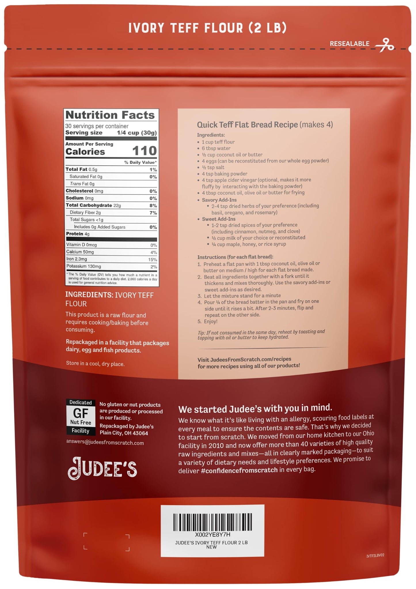Judees Gluten Free Teff Flour, Gluten-Free, Vegan, Non-GMO, 2 lb