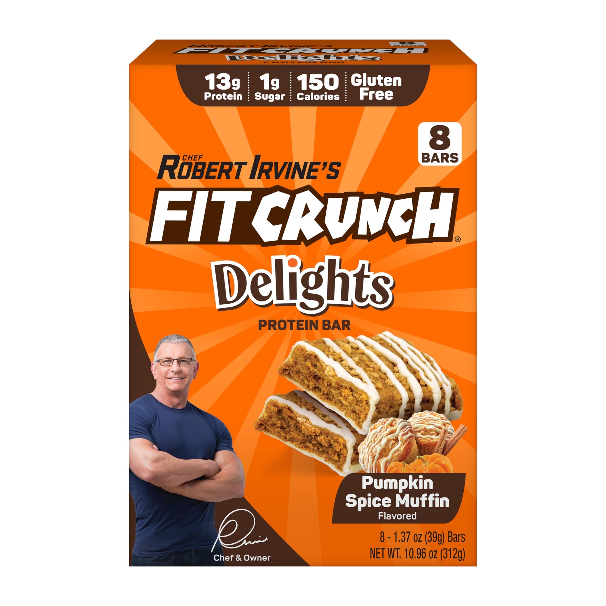 Fit Crunch Protein Bar, 13g Protein & 1g Sugar, Pumpkin Spice Muffin, 8 Bars