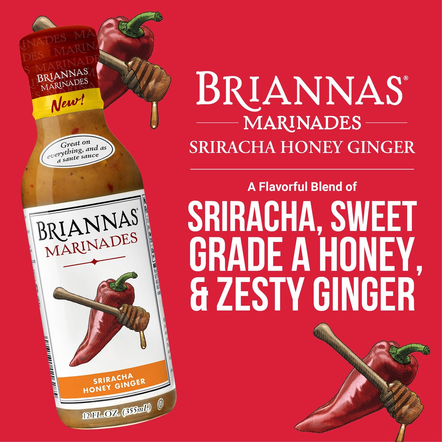 Briannas - Sriracha Honey Ginger Marinade - Small Batch, Gluten Free Marinade Made With Premium Ingredients - 12 Oz. Bottles - 6