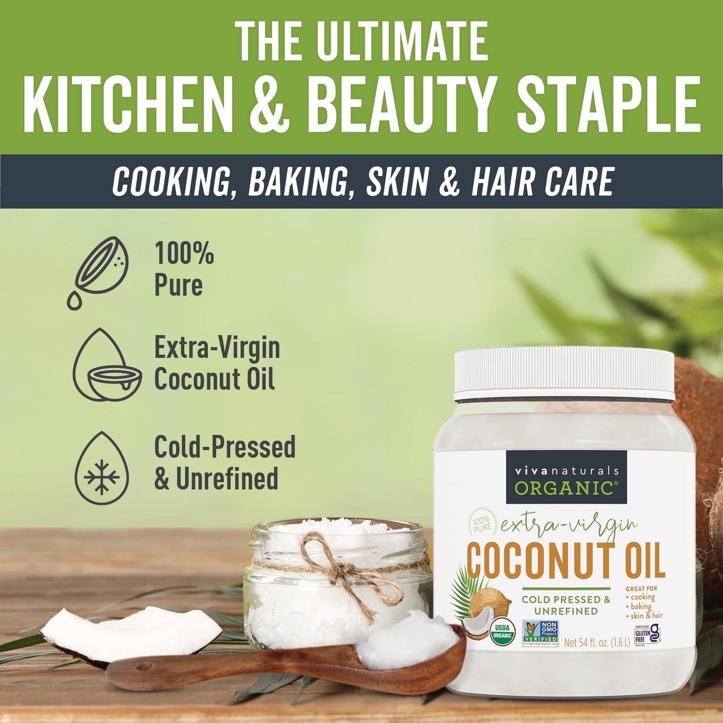 Viva Naturals Organic Coconut Oil - Unrefined Cold-Pressed Extra Virgin - 54 Fl Oz - USDA Organic & Non-GMO