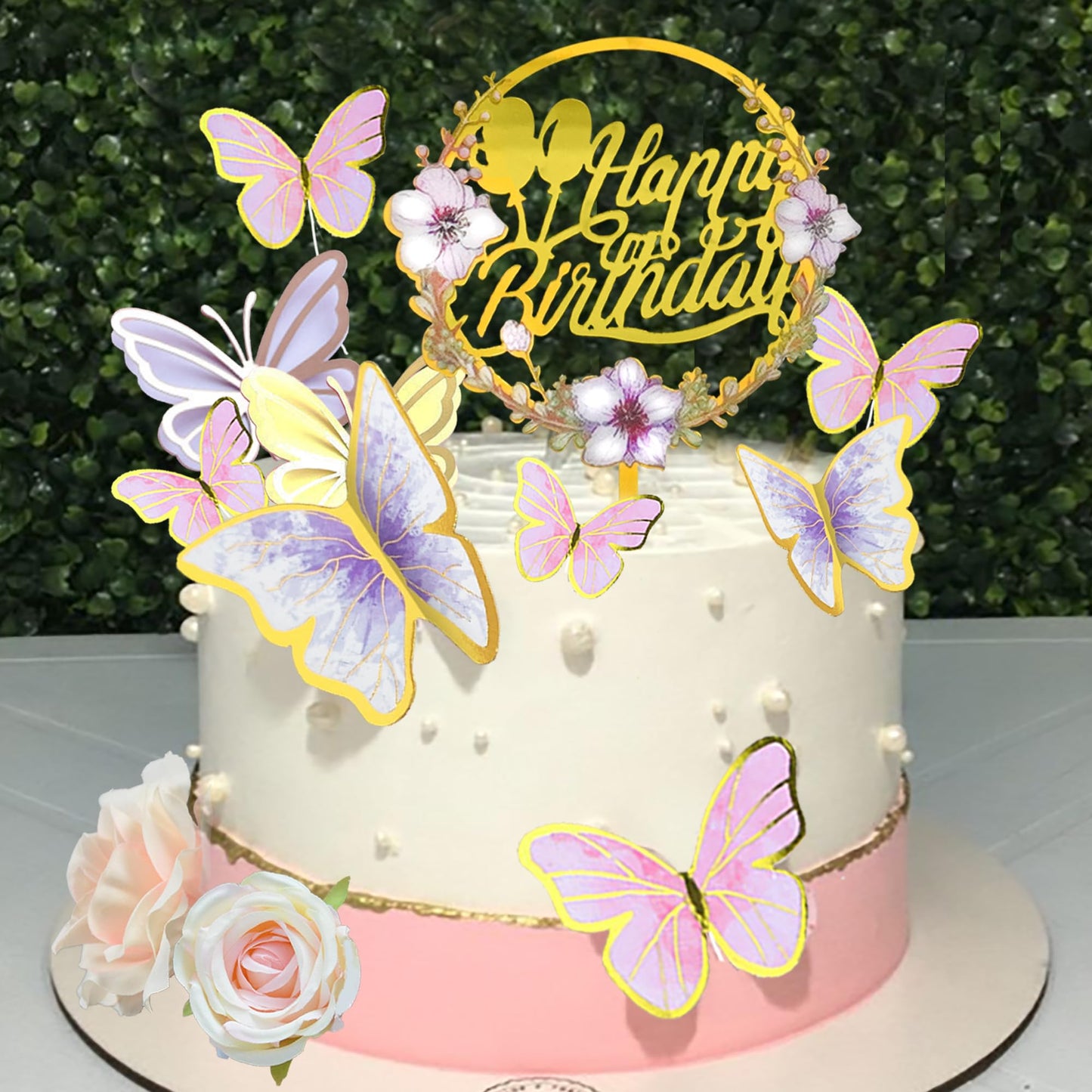 Drwate 35Pcs Butterfly Cake Topper Butterfly Cake Decorations With Artificial Flowers For Women Girls Birthday Anniversary Party