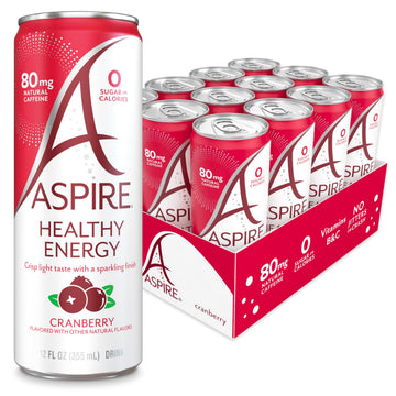 Aspire Healthy Energy Drink, Zero Calorie, Zero Sugar, Cranberry Flavor, 12 Pack (12 fl oz), Clear