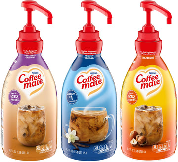 Nestle Coffee Mate Liquid Concentrate 1.5 Liter Pump Bottles, 3 Flavors Sweetened Original, French Vanilla & Hazelnut (Pack Of 3