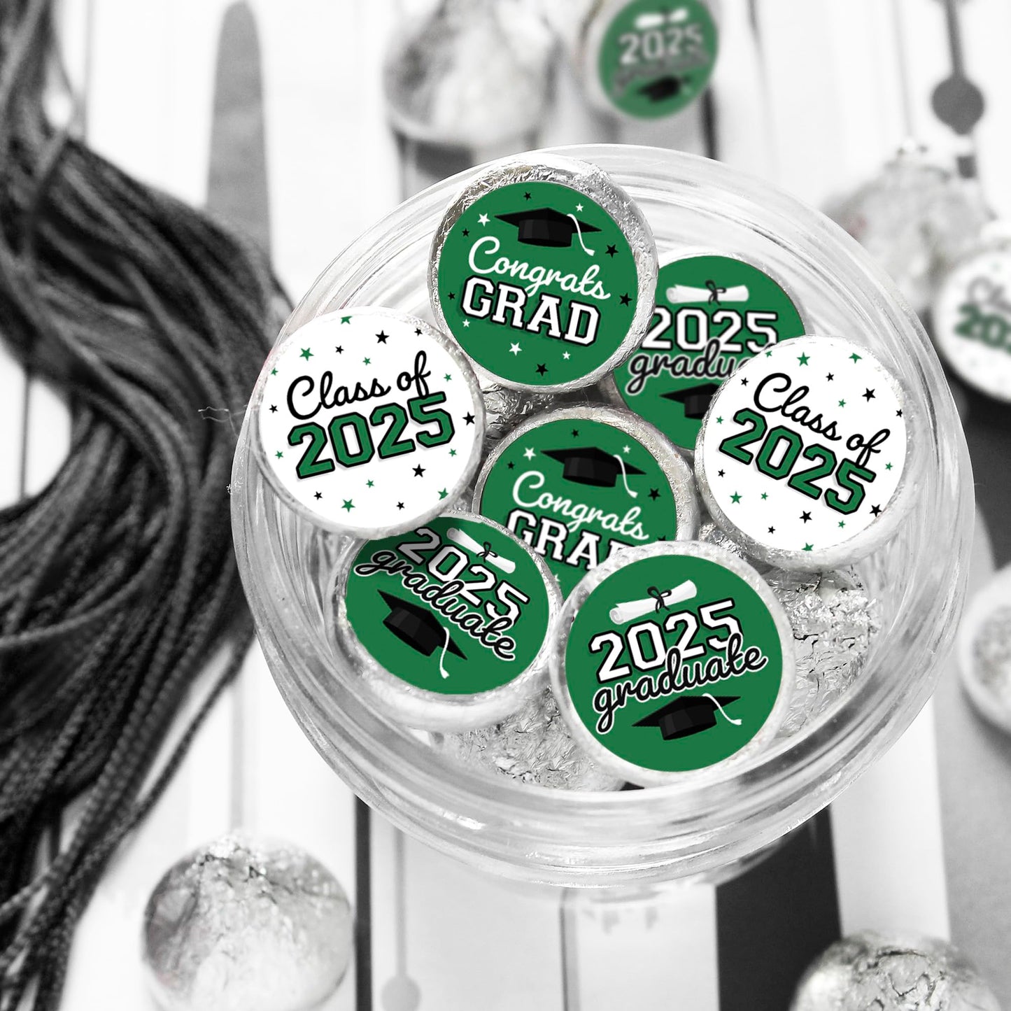 Green Graduation Party Stickers For Kisses Candy, Chocolate Drops, 2025 Grad Party Favors - 180 Count