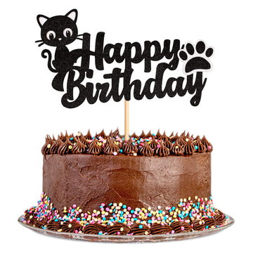 Cyodoos 1Pc Cat Cake Topper Black Glitter Kitten Baby Birthday Cake Picks For Cat Lover Kitten Theme Baby Shower Kids Birthday W