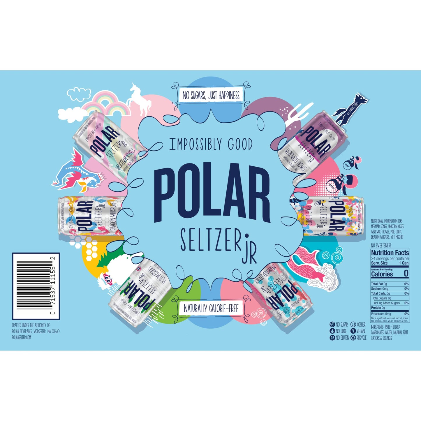 POLAR Seltzer Jr Variety Pack, Mini Cans, 7.5 fl oz, 24 Pack, No Sugar, 6 Flavors
