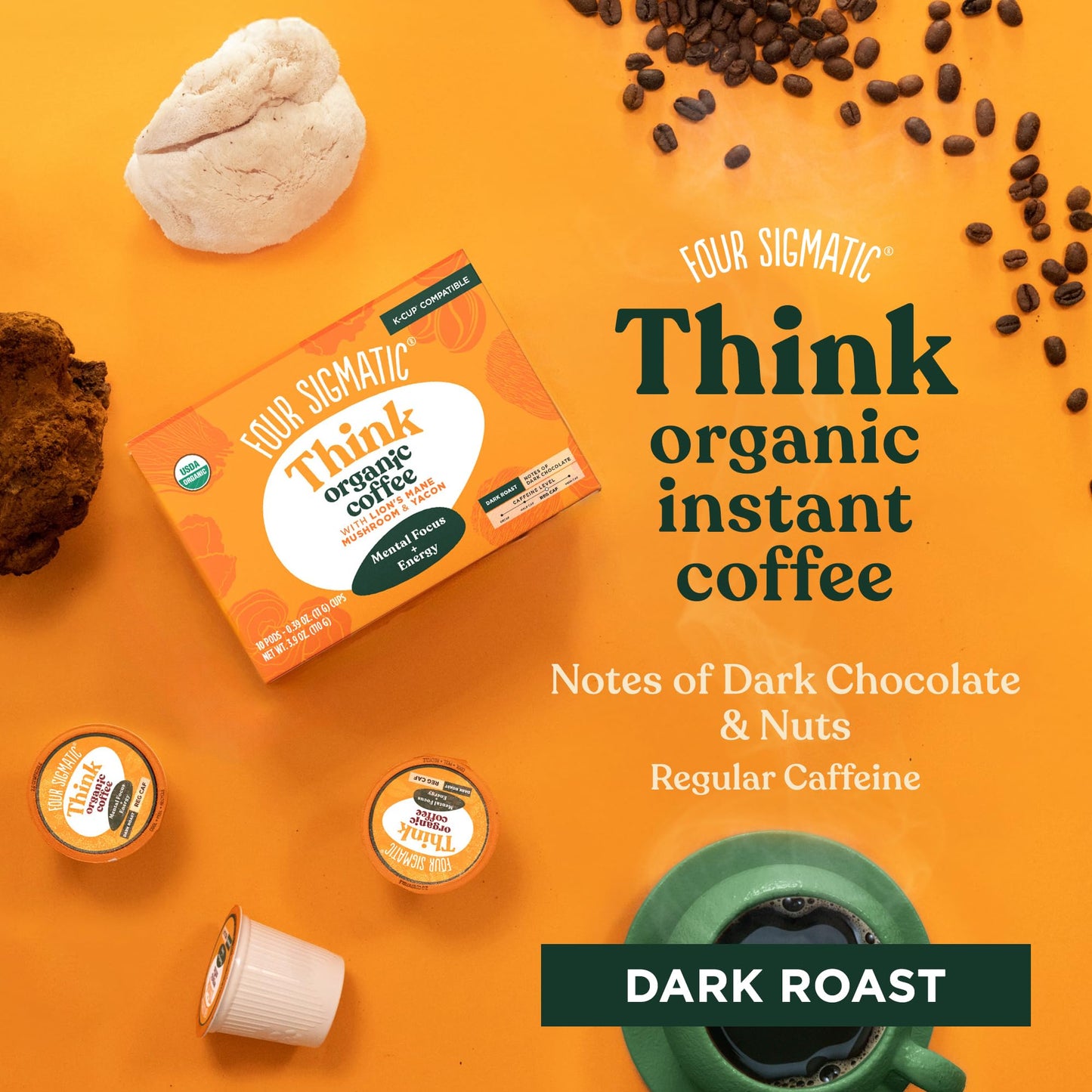 Four Sigmatic Mushroom Coffee K-Cups, Organic Dark Roast, Focus & Immune Support, 48 Count, Vegan, Keto, Sustainable Pods