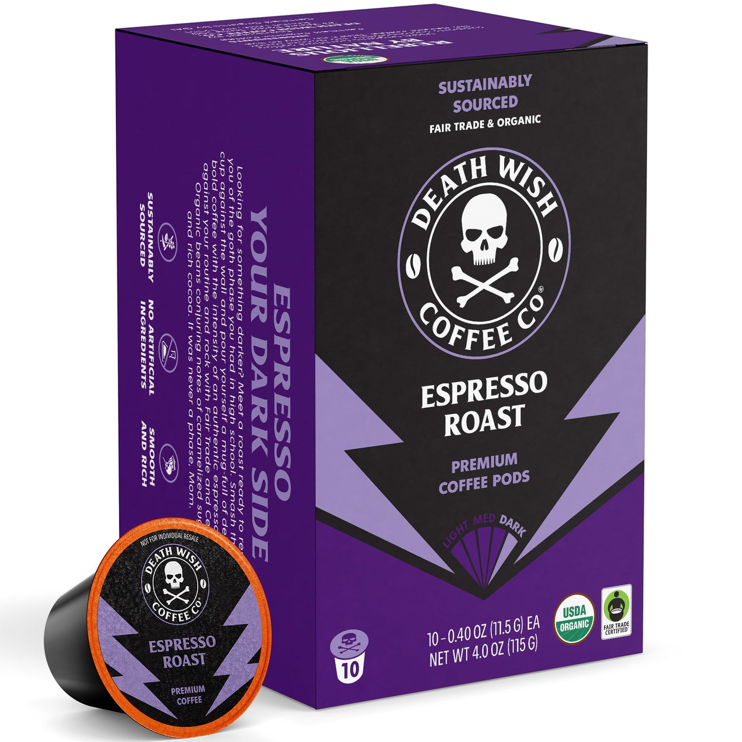 Death Wish Coffee Co. Espresso Roast Coffee Pods - Fair Trade & Organic - 10 Count