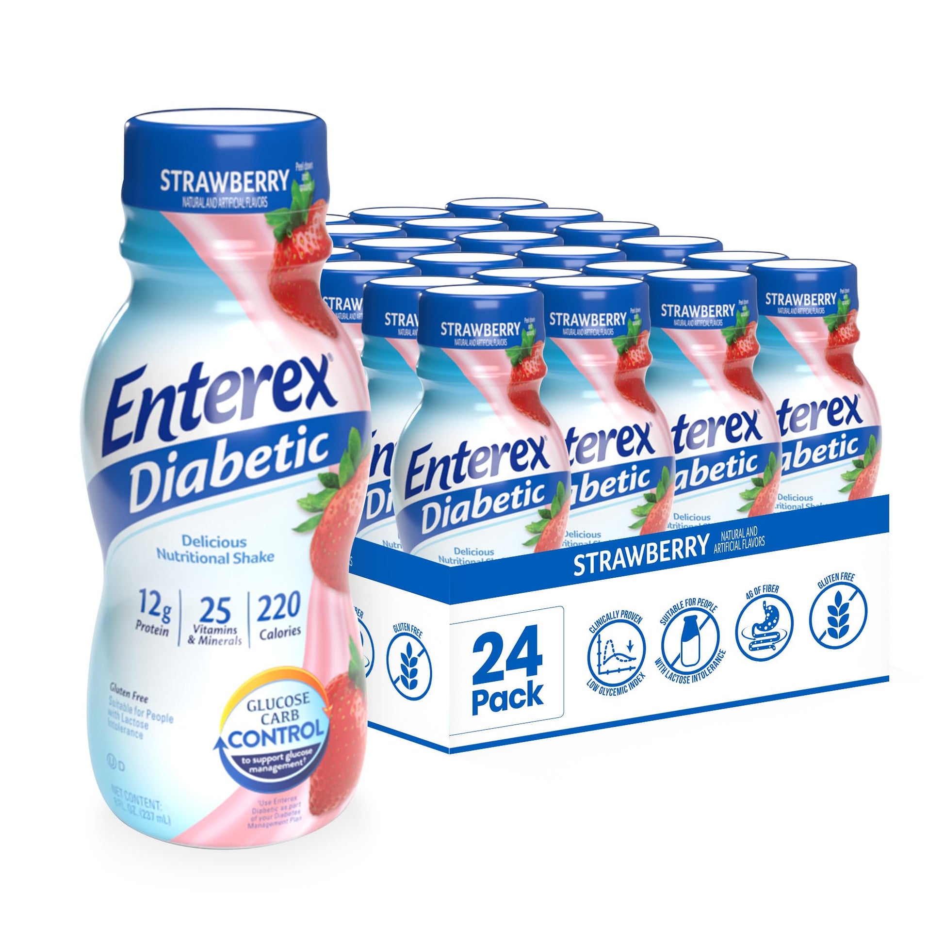 Enterex Diaplayic Nutritional Shake - 12G Of Protein  Low Glycemic Index  Strawberry  8 Fl Oz Bottle  24 Count