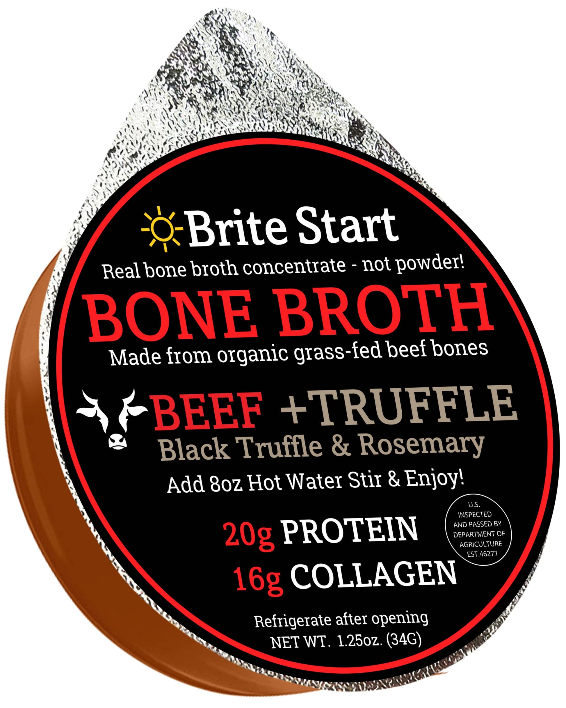 Brite Start Bone Broth - Beef + Black Truffle & Rosemary - 4 Count - Keto Friendly Concentrate Packed With 16G Collagen  20G Paleo Protein -Made From Grass Fed Beef Bones- Single Serve Packets