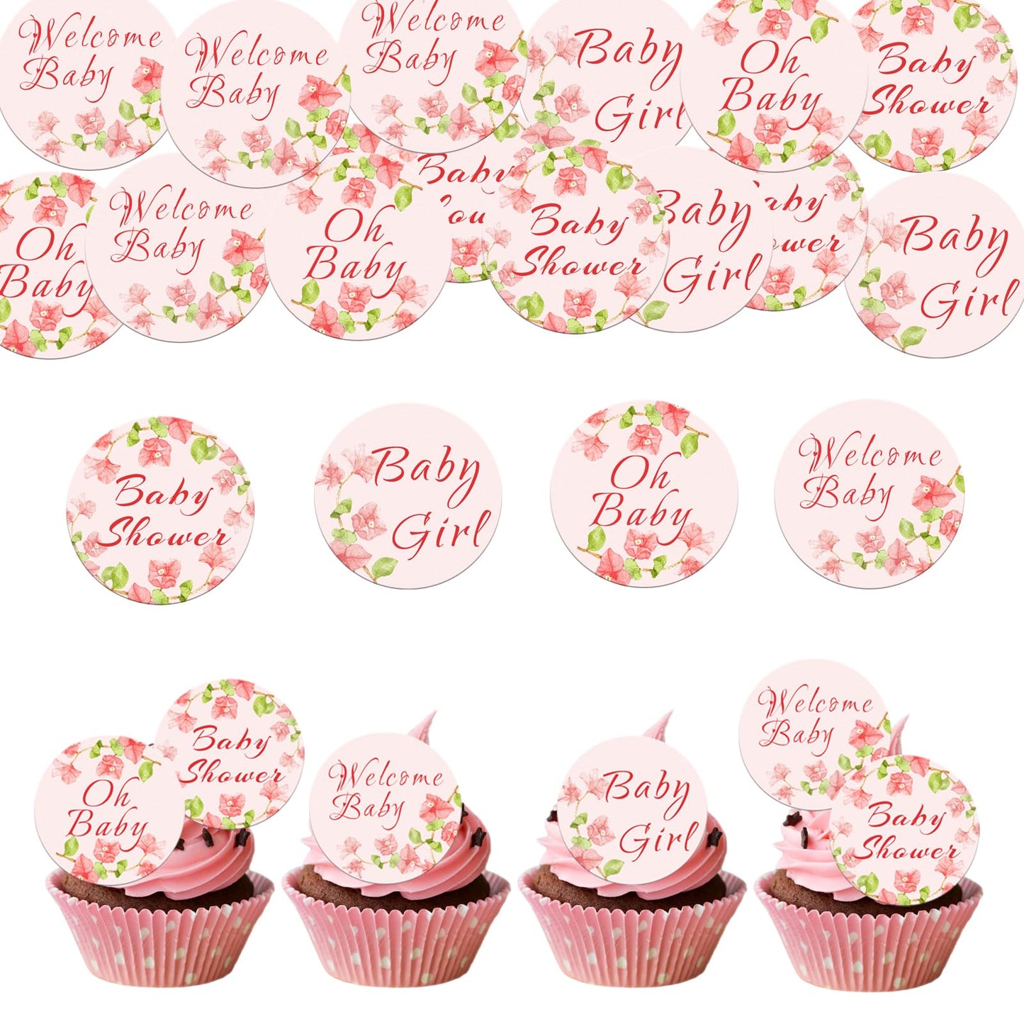 Fyeoxle 48 Pack Edible Baby Shower Cupcake Toppers Wafer Paper Floral Oh Baby Wecome Baby Cupcake Picks Greenery Frames Baby Gir