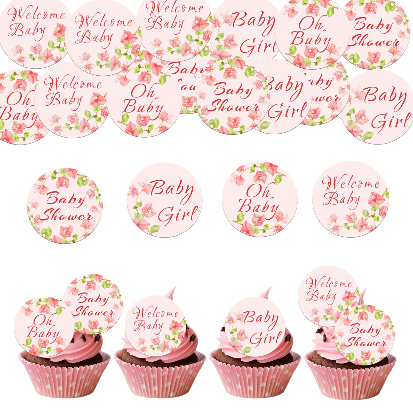 Fyeoxle 48 Pack Edible Baby Shower Cupcake Toppers Wafer Paper Floral Oh Baby Wecome Baby Cupcake Picks Greenery Frames Baby Gir