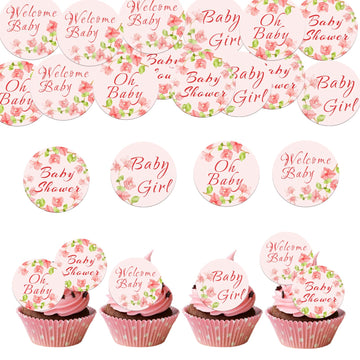 Fyeoxle 48 Pack Edible Baby Shower Cupcake Toppers Wafer Paper Floral Oh Baby Wecome Baby Cupcake Picks Greenery Frames Baby Gir
