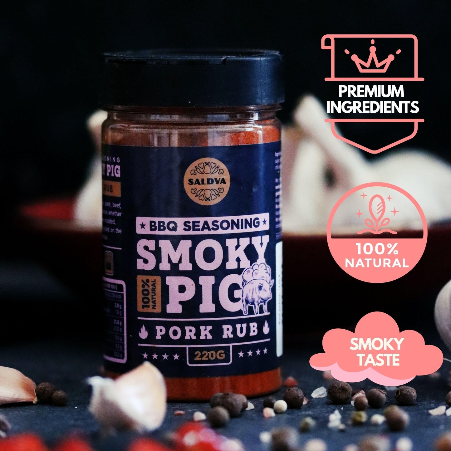 SALDVA Smoky Pig BBQ Pork Rub - 100% Natural Seasoning - 220g (7.76 oz) Large Jar
