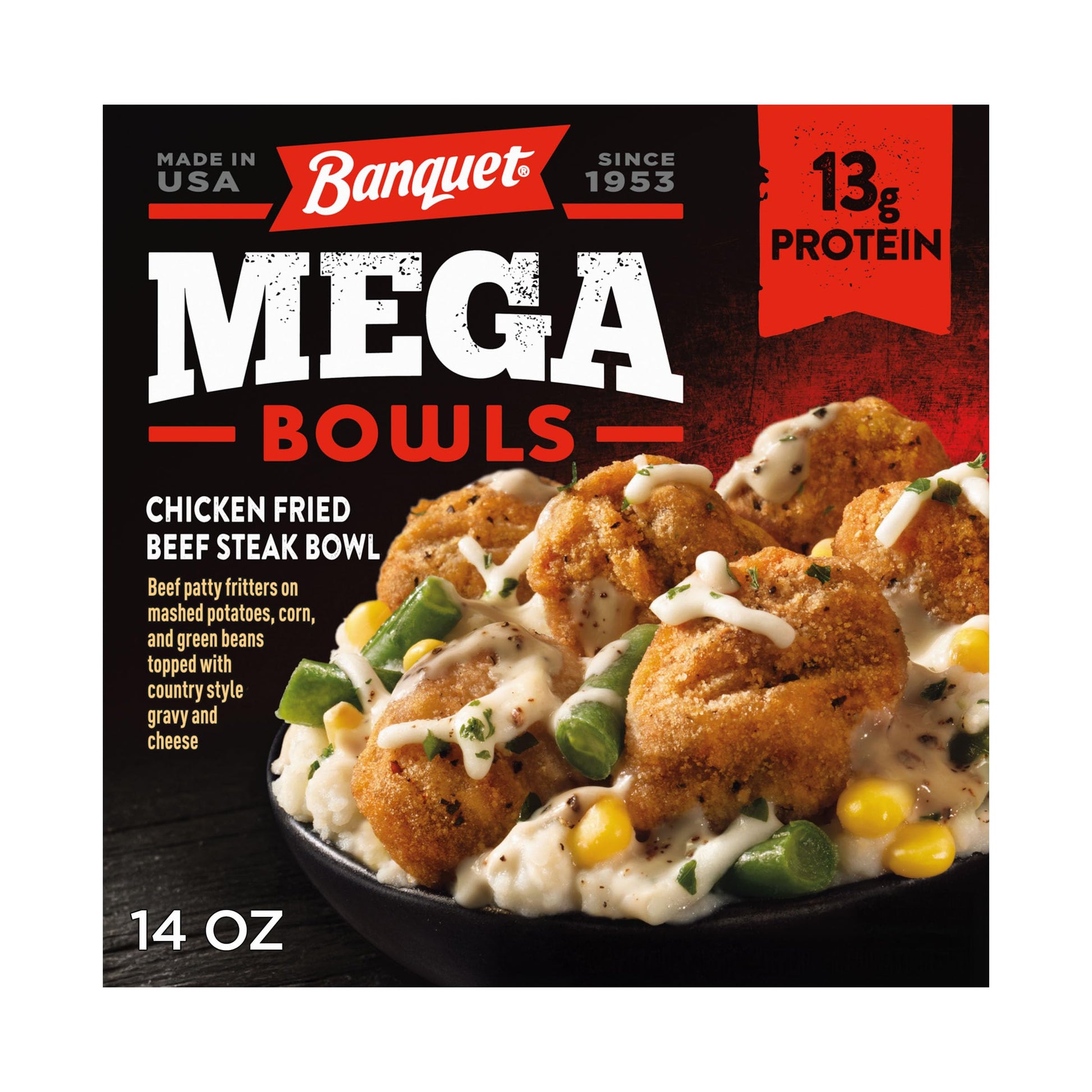 Banquet Mega Bowls Chicken Fried Beef Steak, Frozen Meal, 14 OZ