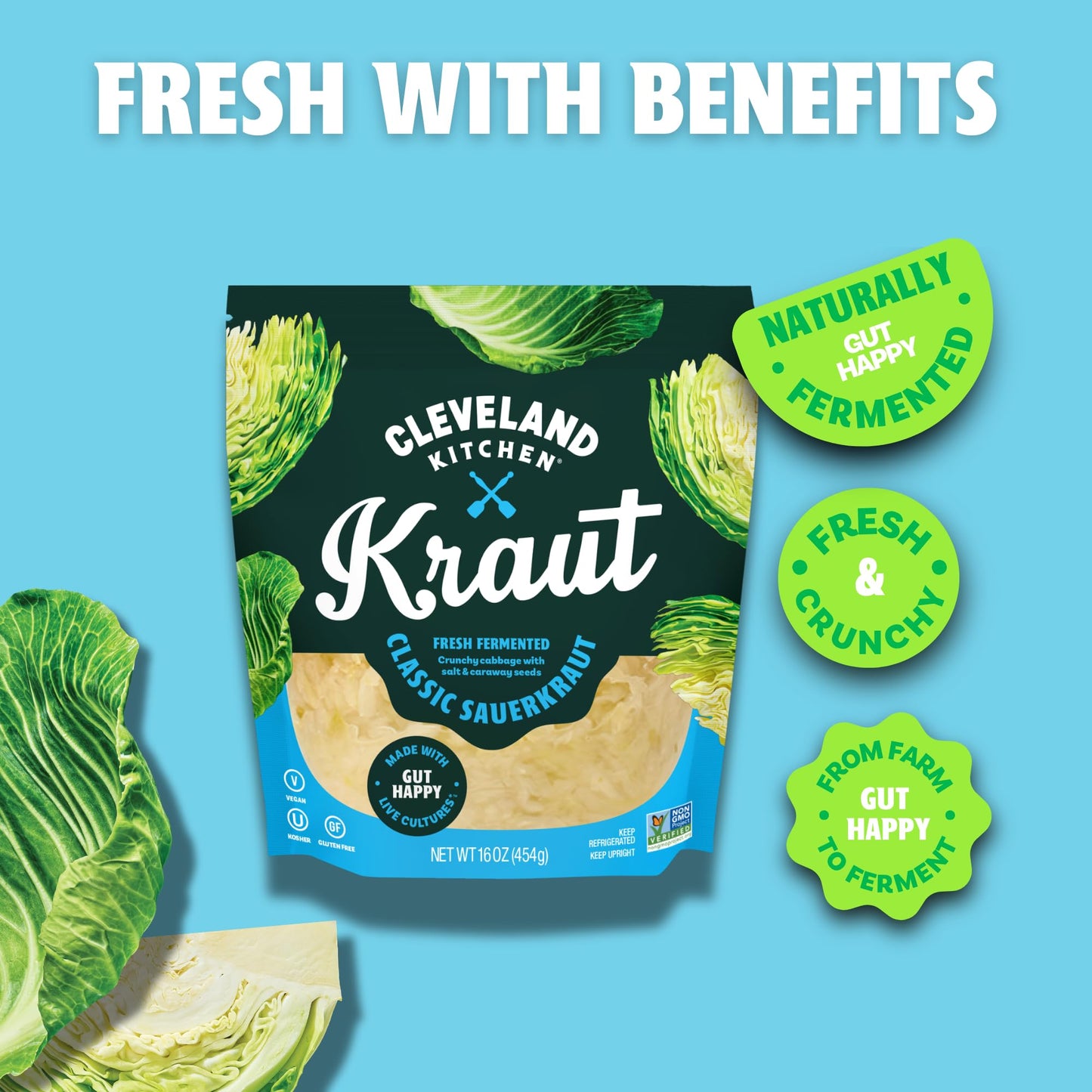 Cleveland Kitchen Classic Kraut, Lightly Fermented Vegetables, Fresh & Crunchy Sauerkraut, Live & Natural Probiotics, 16 oz