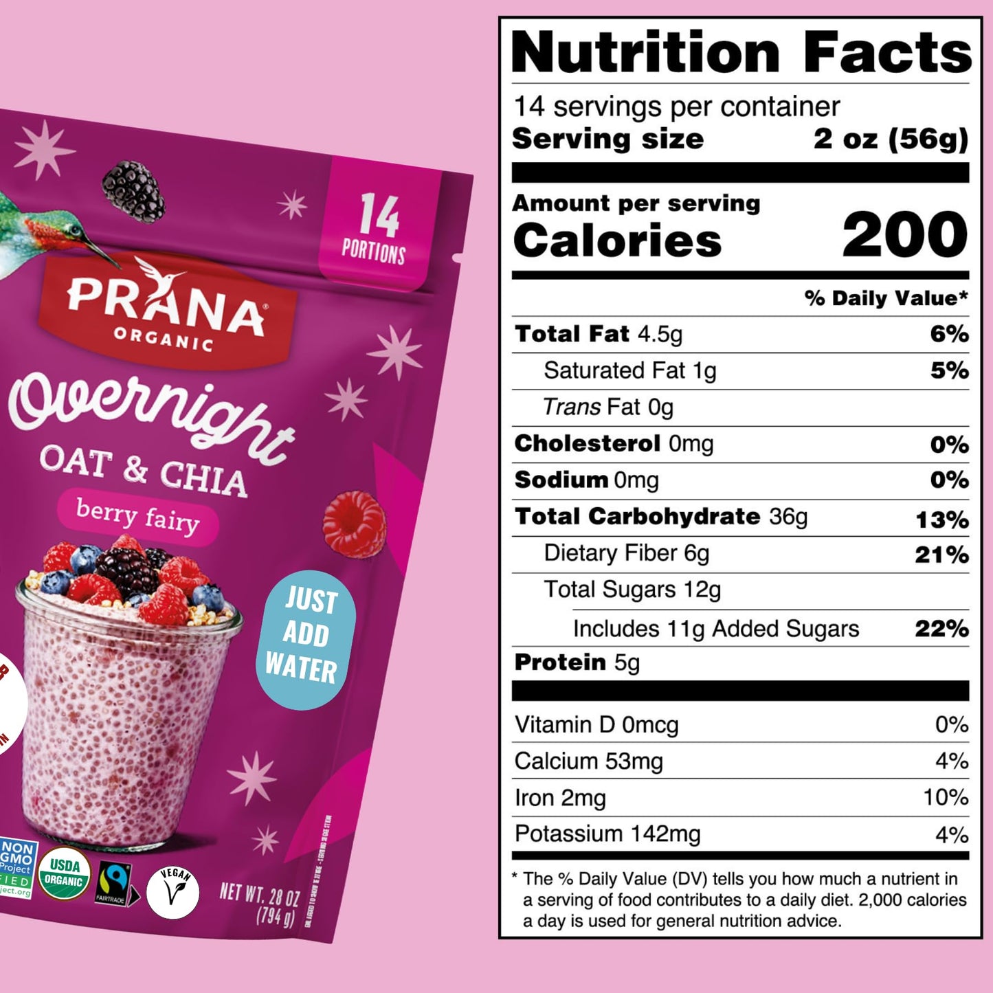 Prana Organic Overnight Chia With Oats Berry Fairy | Rich In Fiber & Protein, Vegan, Non-Gmo | Ready To Eat Breakfast - 28 Oz Ba