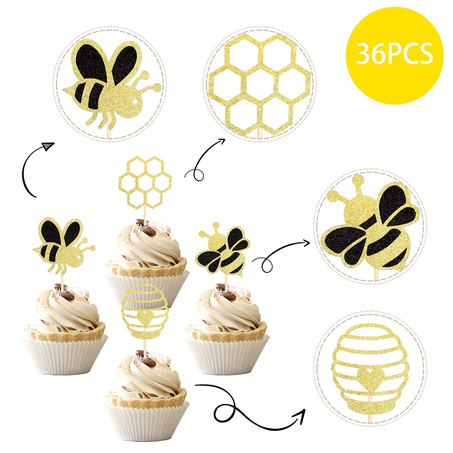 36 Pcs Bumble Bee Cupcake Toppers Glitter Bee Gender Reveal Honeycomb Cupcake Picks Baby Shower Birthday Party Cake Decorations