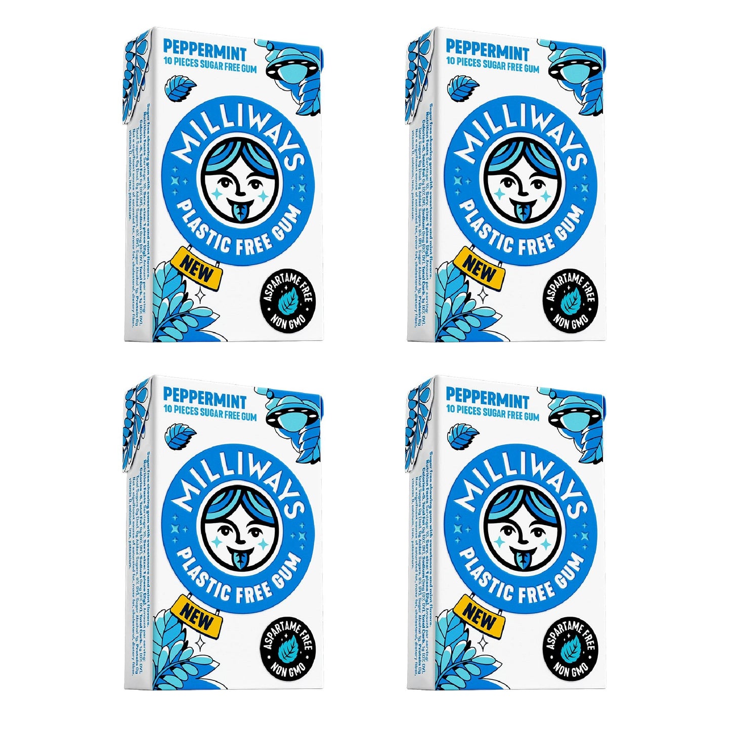 Milliways Peppermint | Plastic Free Gum | Xylitol, Aspartame-Free, Sugar-Free, Plant-Based, Natural Chewing Gum | 40 Pieces Tota