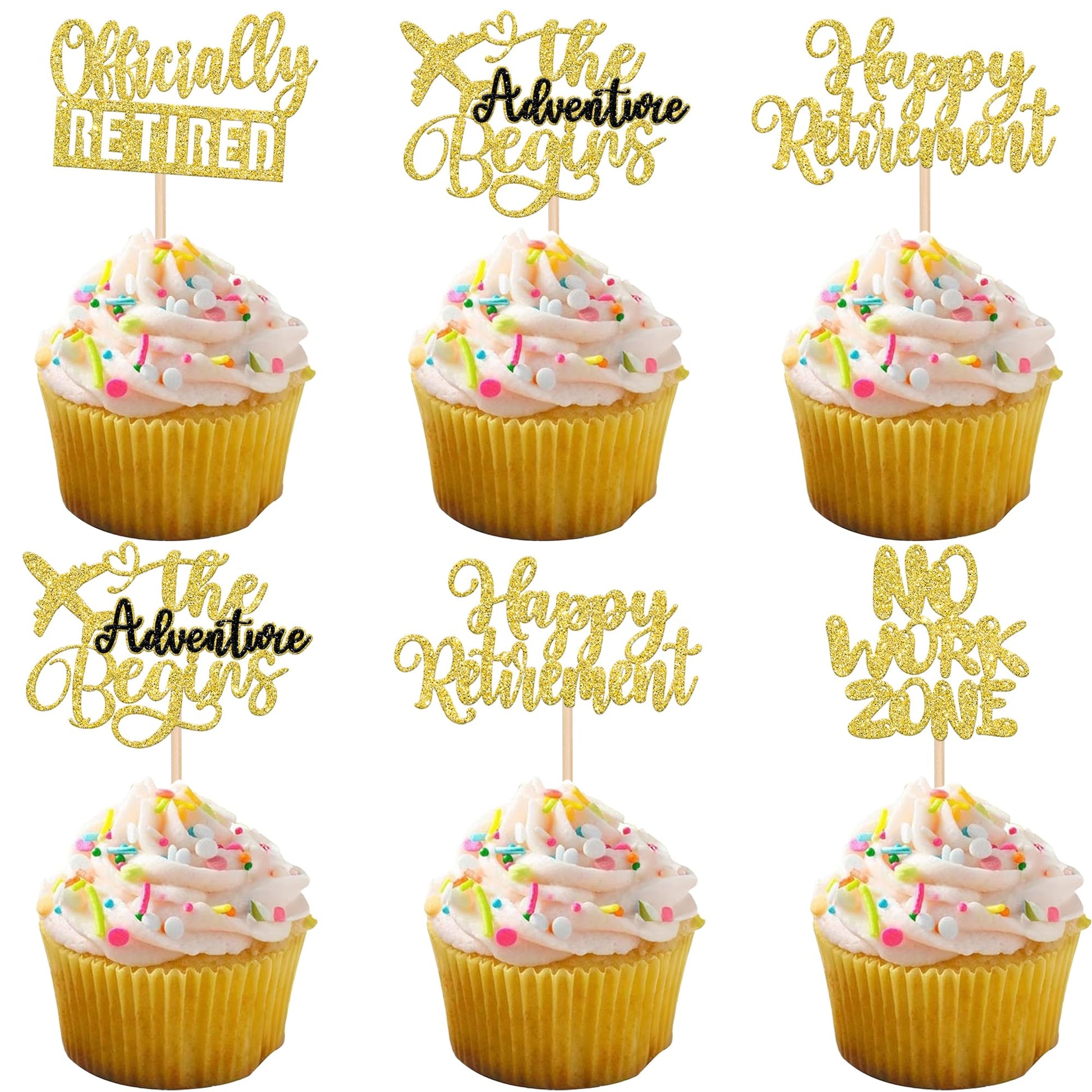 Rsstarxi Cupcake Toppers Gold Glitter Retirement Party Decorations, 24 Pack, Adventure Begins, No Work Zone
