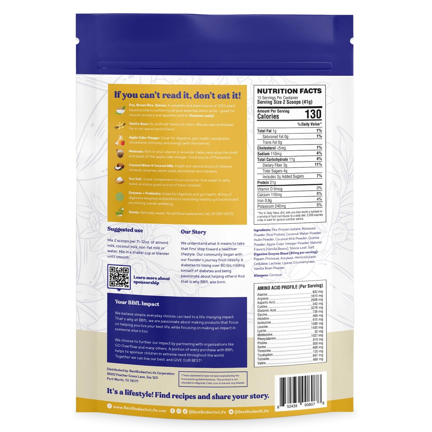 BBfL Plant-Based Protein Shake, 21g Vegan Protein, Vanilla Bean, 15 Servings