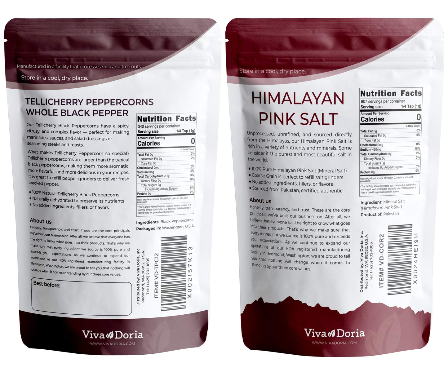 Viva Doria Whole Black Peppercorns & Coarse Himalayan Pink Salt Combo, 22 oz, Model TS0417-A700ML-M674