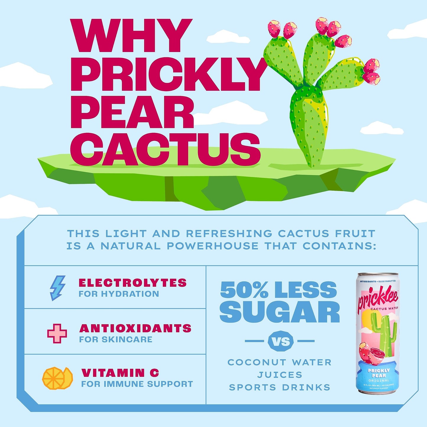 Pricklee Prickly Pear Cactus Water - Packed With Antioxidants  Electrolytes  Vitamin C - Natural Sports Drink for Immunity  & Recovery - Non-Sparkling  Low-Sugar  Low-Calorie  No Caffeine