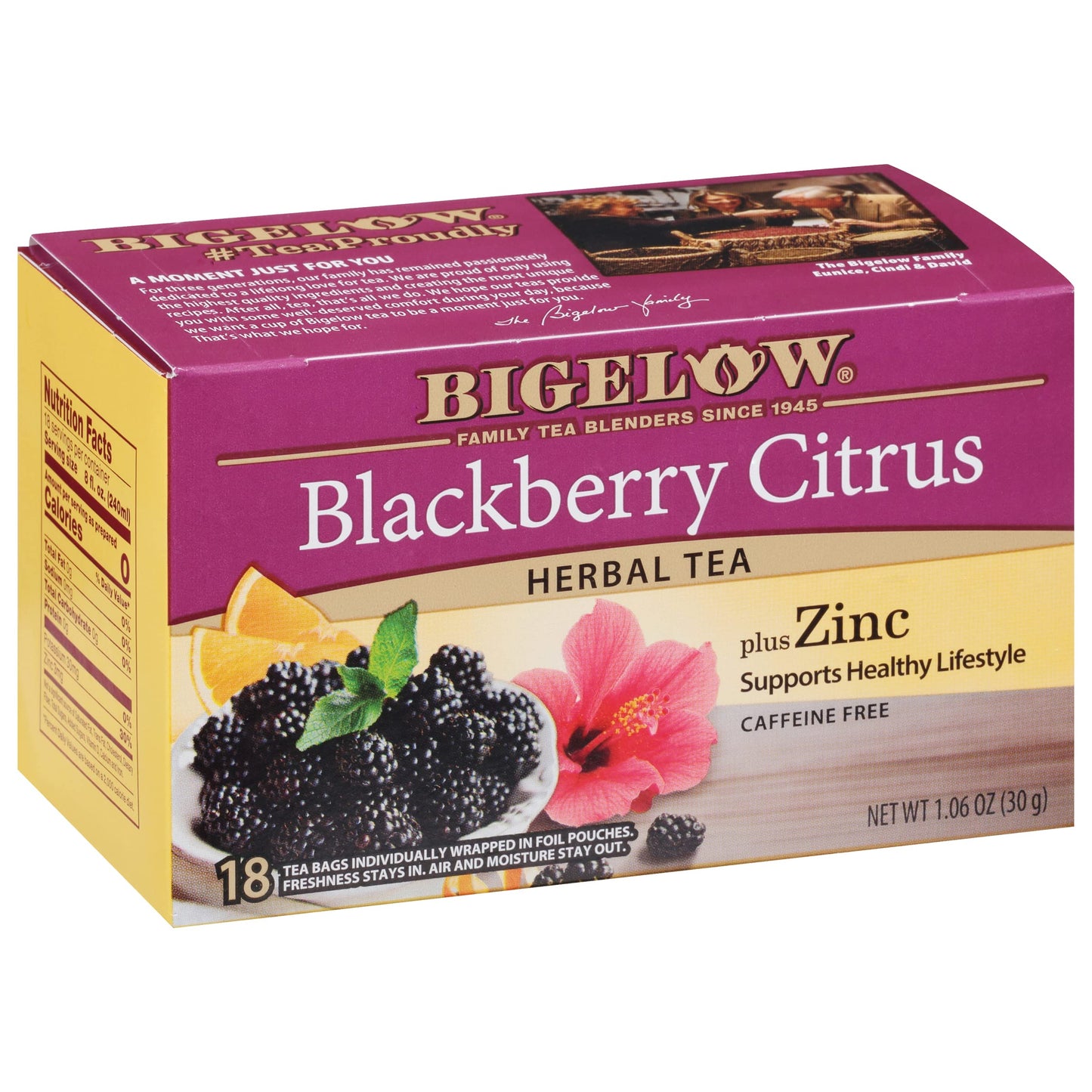 Bigelow Tea Blackberry Citrus Plus Zinc Herbal Tea, Caffeine Free, 18 Count Box (Pack of 6), Natural, Model 01028