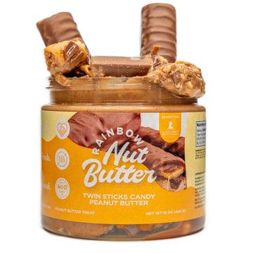 Rainbow Nut Butter, Twin Sticks Candy Bar Peanut Butter, Spread, Treat, Snack, Dessert, Caramel Bits, Caramel Syrup, Milk Chocol