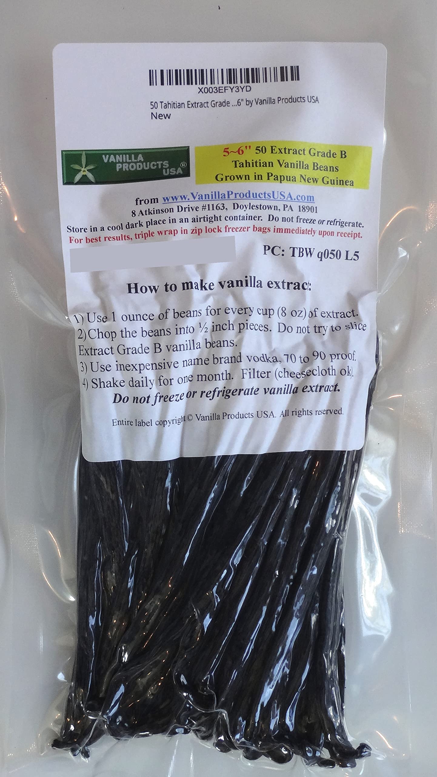 50 Tahitian Extract Grade B Natural Vanilla Beans 5~6 By Vanilla Products Usa