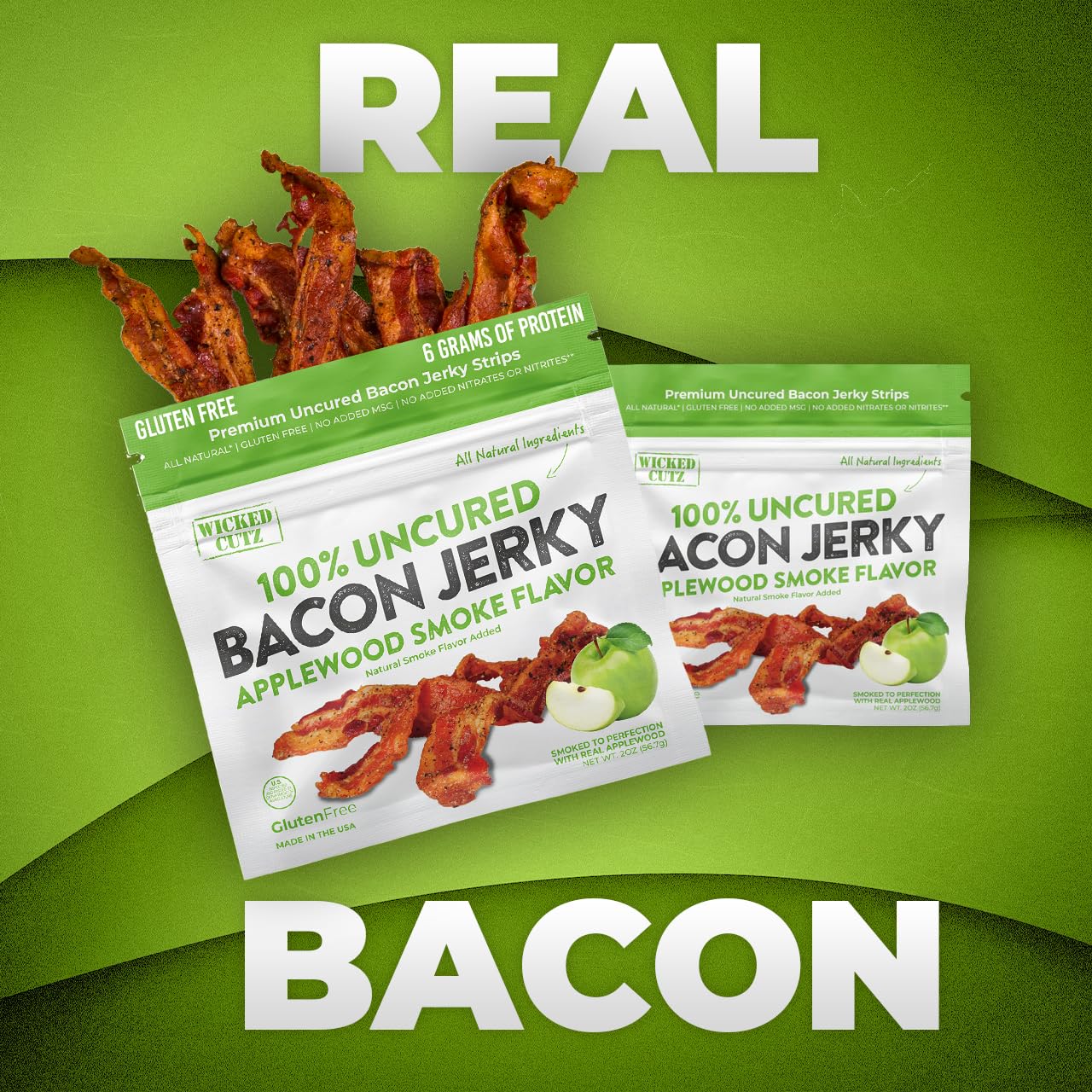 Wicked Cutz Applewood Smoked Bacon Jerky, 12g Protein, Fully Cooked, 2 Ounce (Pack of 2)