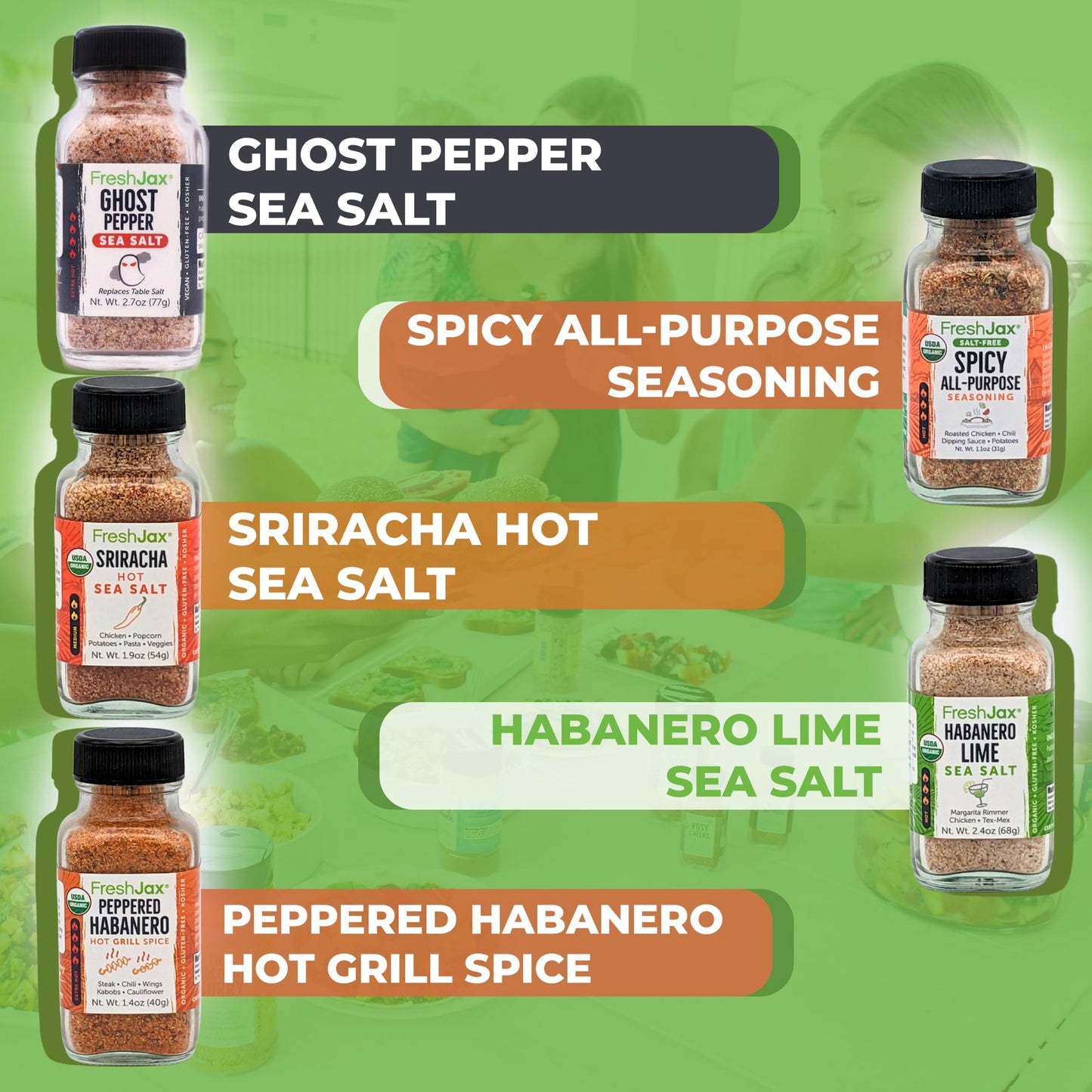 FreshJax Hot & Spicy Seasoning Gift Set | 5 Sampler Sized Organic Hot & Spicy Seasoning Set | Grilling Gifts for Men | Spices an