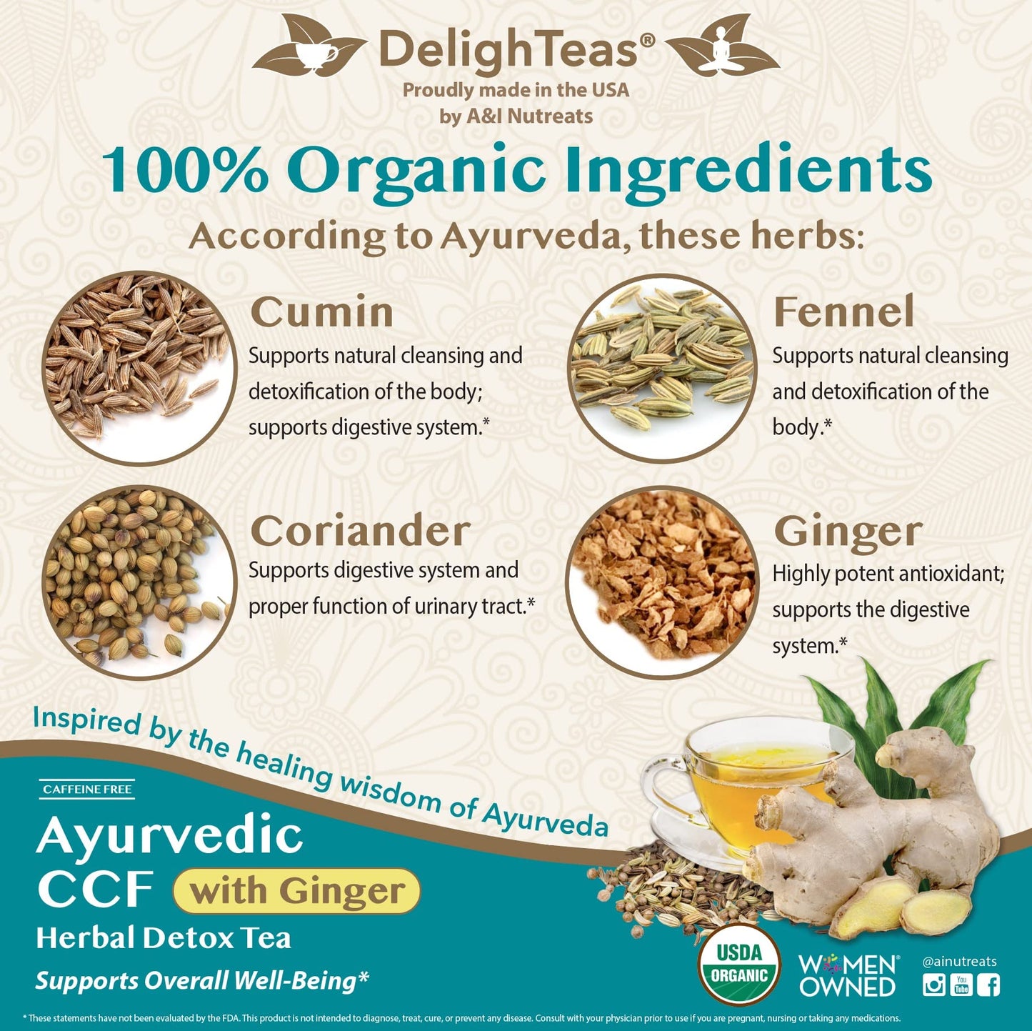 DelighTeas Organic Digest & Detox CCF Tea with Ginger, 3oz, Loose Leaf, USDA Organic, Caffeine Free, Non-GMO