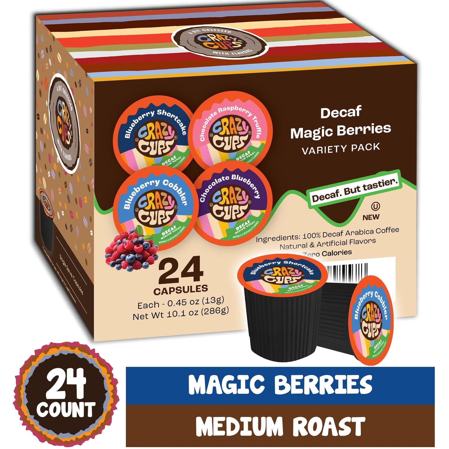 Crazy Cups Decaf Blueberry Coffee Pods, 24 Count, Single Serve Recyclable, Compatible with Keurig K Cup malt-inspired