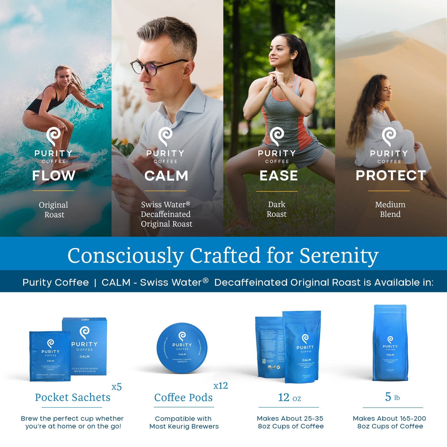 Purity Coffee Calm Decaf Medium Roast Organic Coffee - Usda Certified Organic Specialty Grade Arabica Single-Serve Coffee Pods -