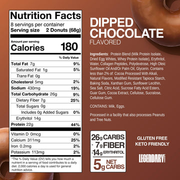 Legendary Foods Protein Donuts - 22g Protein  Dipped Chocolate  Zero Sugar Snack  Gluten Conscious  Low Carb  Keto Suitable  Diabetic and GLP-1 Diets - 8 Pack with Two Donuts per pack