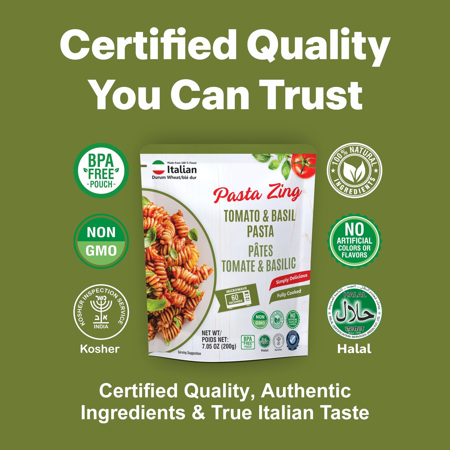 Pasta Zing Tomato & Basil Pasta, Authentic Italian Al-Dente Texture, Ready in 1 Minute, Made with Durum Wheat, 14g Protein 8.6g