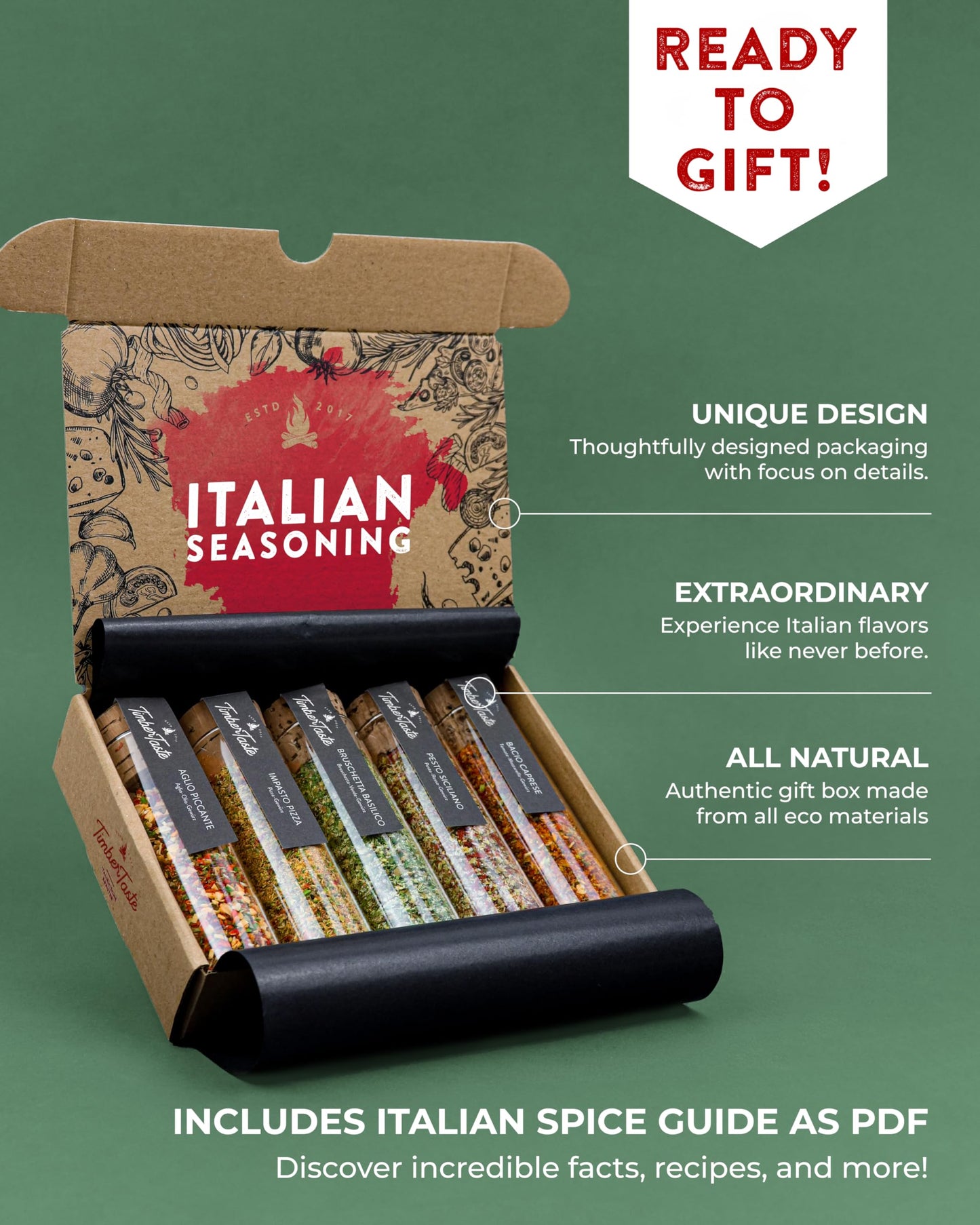 Timber Taste Italian Spice Gift Set - Gourmet Italian Seasoning Blends - Spices & Seasoning Set For Men & Women - Italian Spices