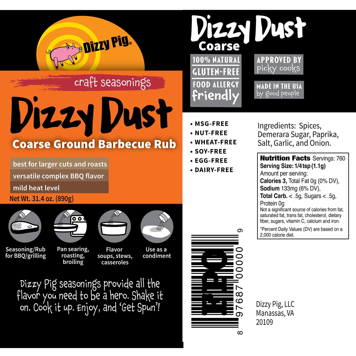 Dizzy Pig Coarse Grind Dizzy Dust All-Purpose Barbecue Seasoning Rub (Quart Shaker) - Seasons Around 120Lbs Of Food - Hand Made