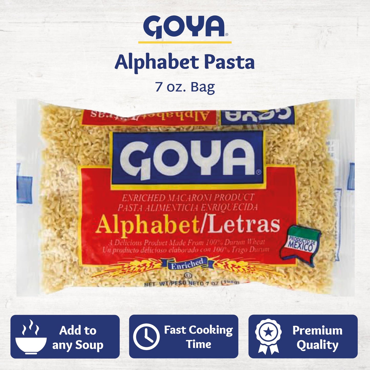 Alphabet Pasta by Goya, Fun Pasta Noodles for Soups, Stews, and Side Dishes, Mexican Noodles, 7oz Bag