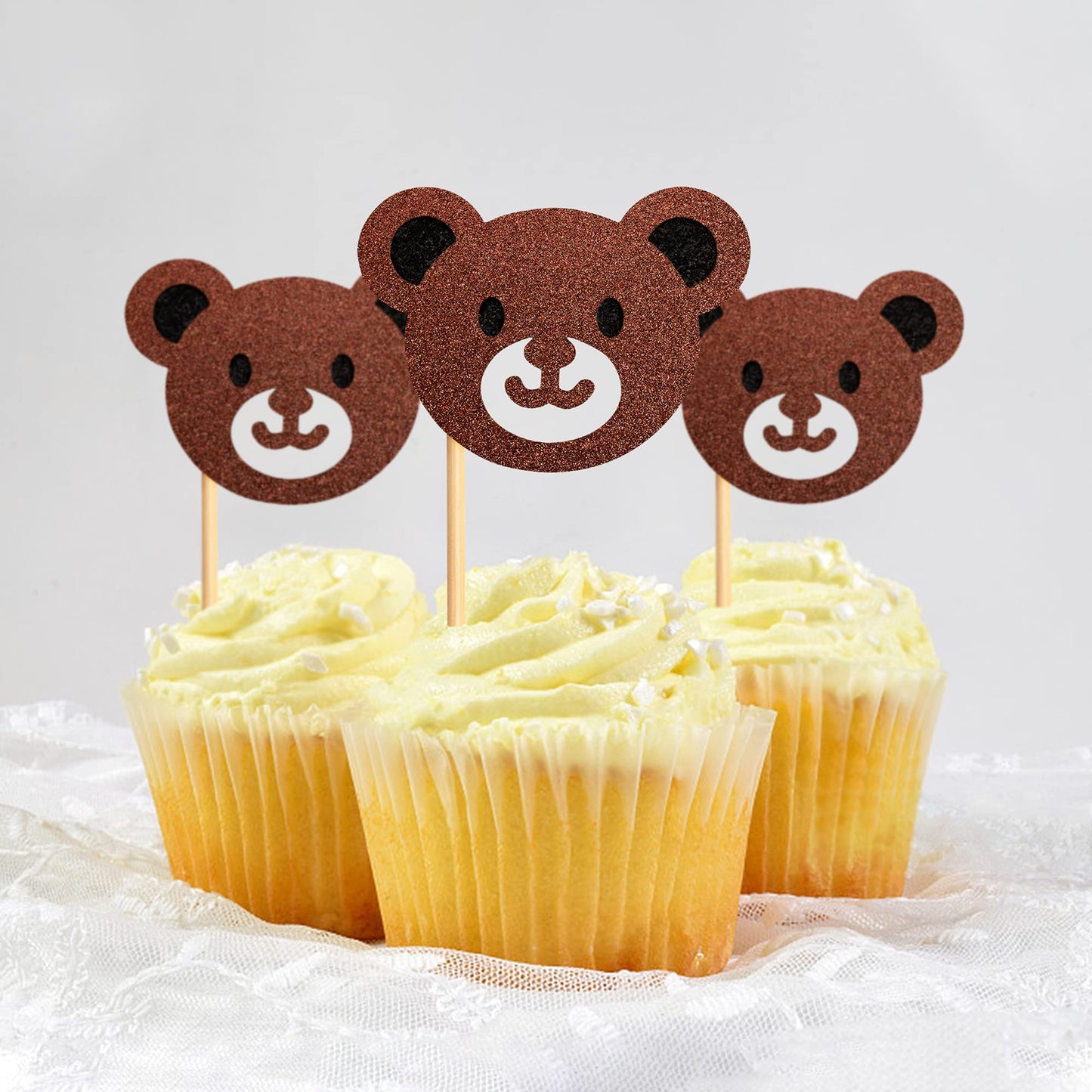 Ercadio Bear Head Cupcake Toppers - 24 Pack, Glitter Paper Jungle Animals, Baby Shower Birthday Party Decorations, Small Size