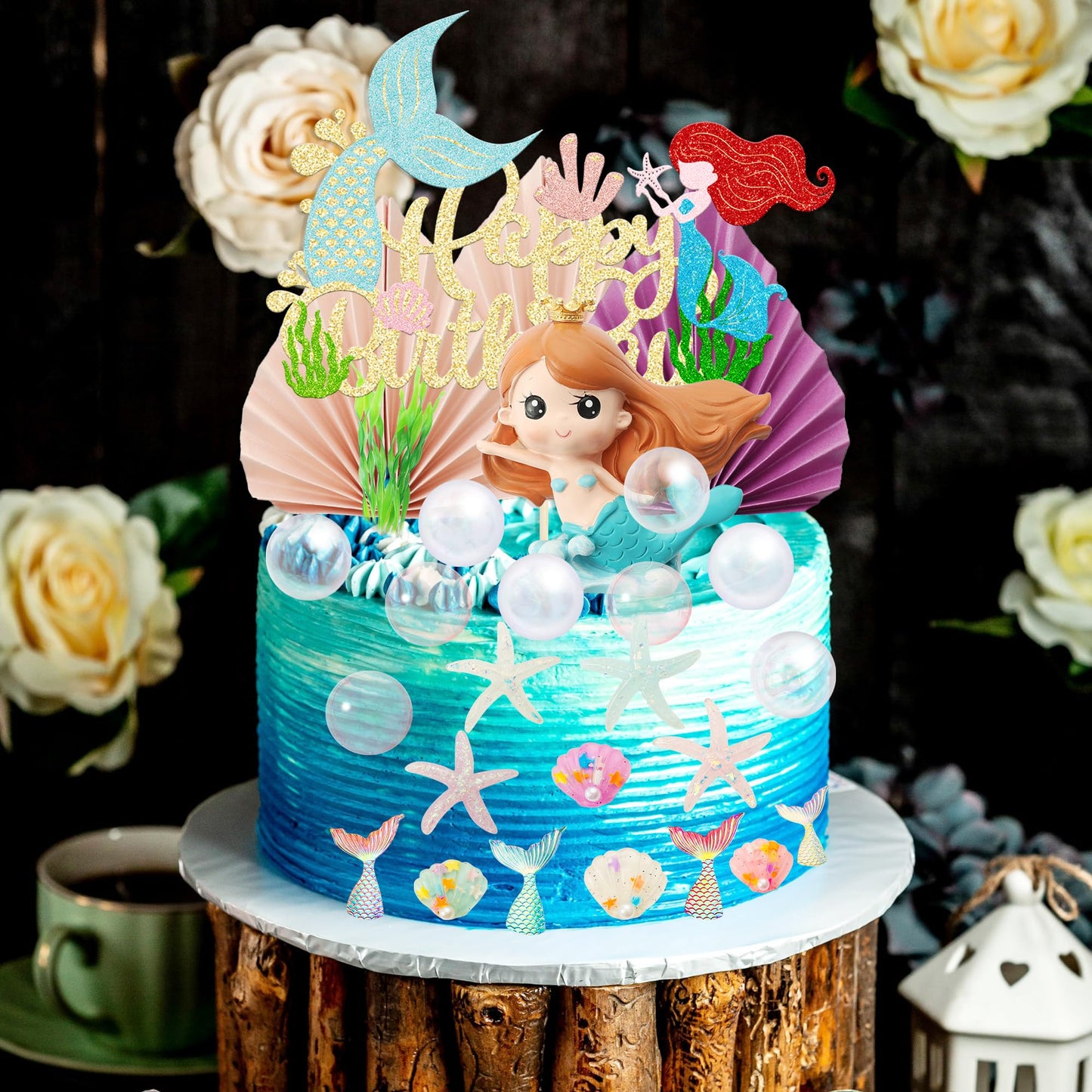 Gyufise 32Pcs 3D Mermaid Under The Sea Cake Toppers Set Mermaid Tail Starfish Seaweed Shell Bubble Palm Leaf Cupcake Picks For U