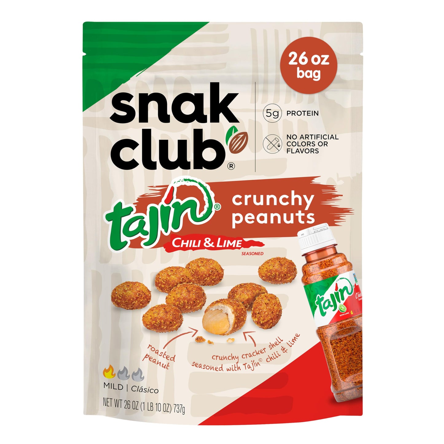 Snak Club Tajin Crunchy Peanuts  Nuts with Chili and Lime Seasoning  Mild  26 oz Resealable Bag