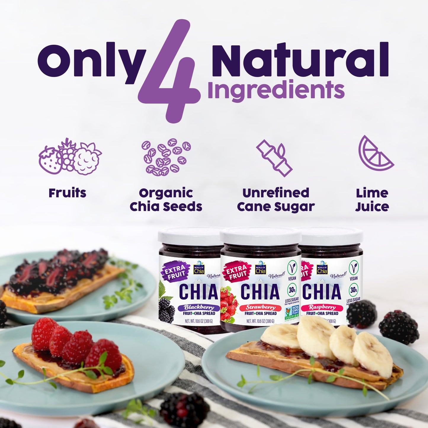 World Of Chia Variety Pack Extra Fruit Spread - Strawberry, Raspberry & Blackberry Chia Jam, All-Natural Super Food Fruit Preser
