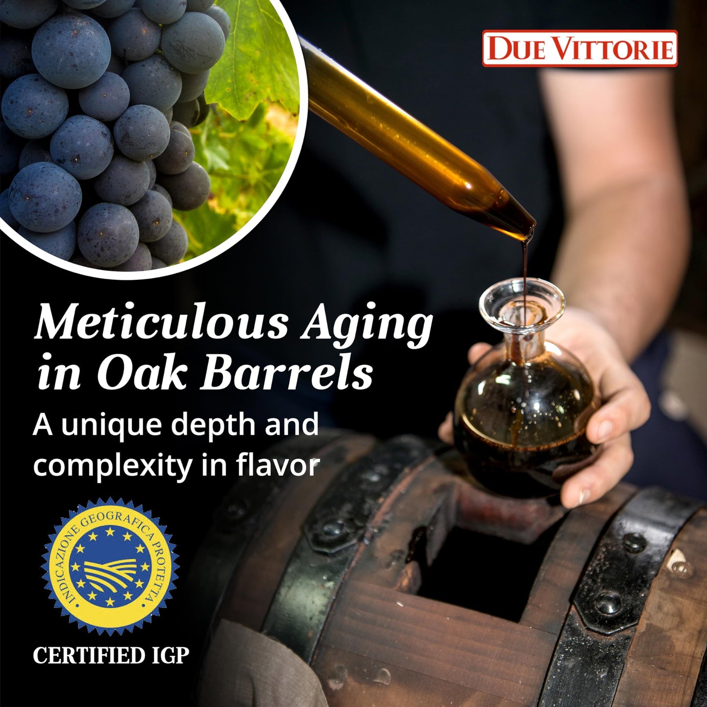 Due Vittorie Oro Gold Barrel Aged Balsamic Vinegar - 8.45 fl oz (250 ml) - Black Aged Balsamic Vinegar in Glass Decanter