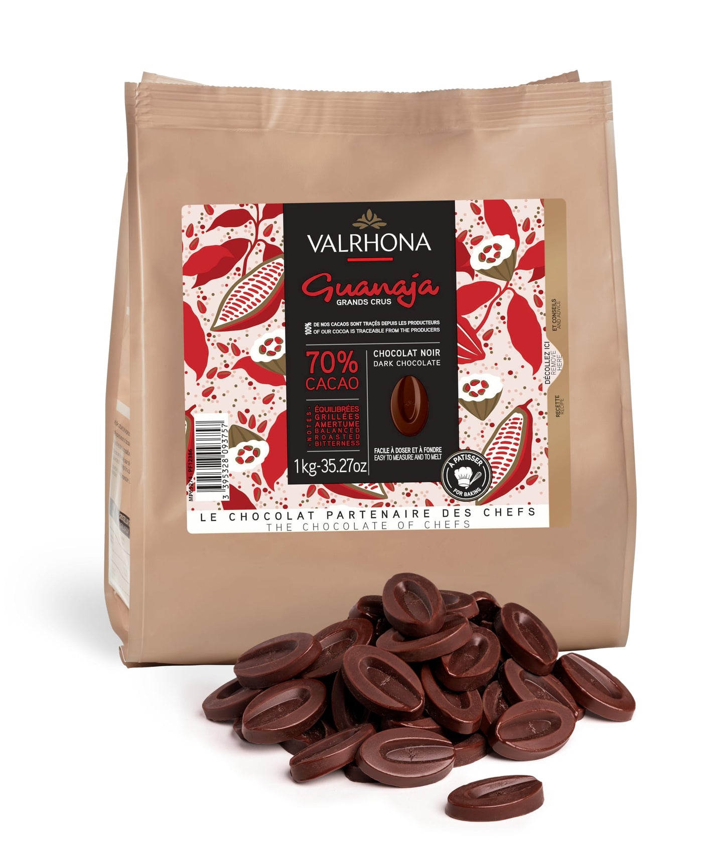 VALRHONA Dark Chocolate Discs, 70% Cacao, Easy Melt, 1kg Pack