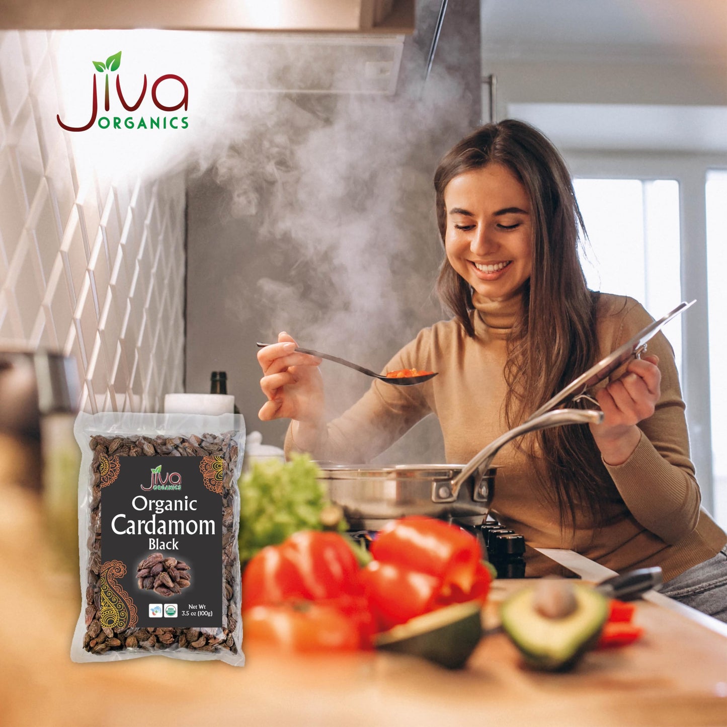 Jiva Organics Organic Black Cardamom 3.5 Ounce Bag - Indian Badi Kali Elaichi - Non-Gmo