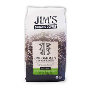 Jims Organic Coffee - Colombian - Single Origin, Medium Roast - Whole Bean 12 Oz Bag
