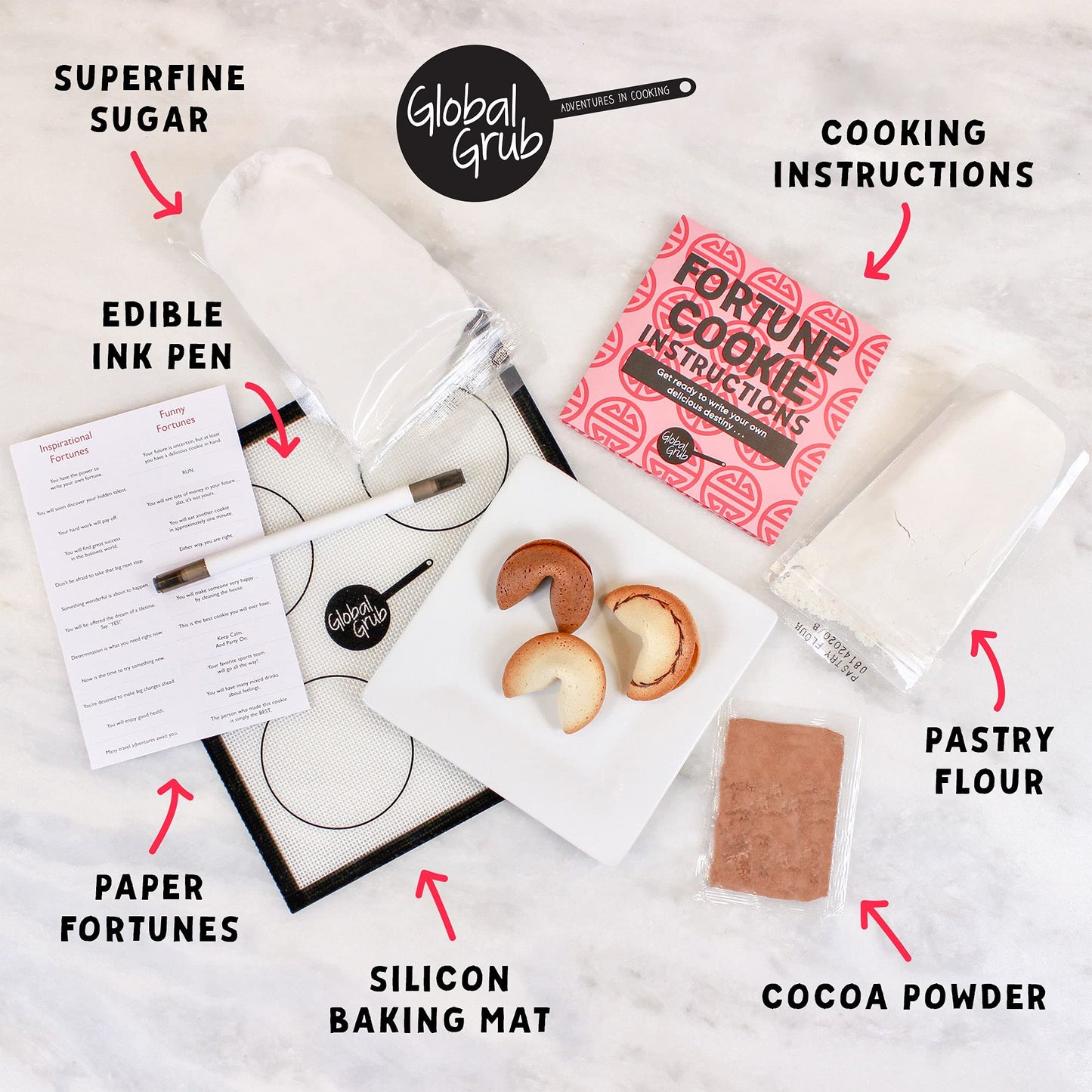 Global Grub Diy Fortune Cookie Kit - Personalized Fortune Cookies Kit Includes Pastry Flour, Sugar, Cocoa Powder, Baking Mat, Paper Fortunes, Edible Ink Pen, Step-By-Step Instructions. Makes 48.
