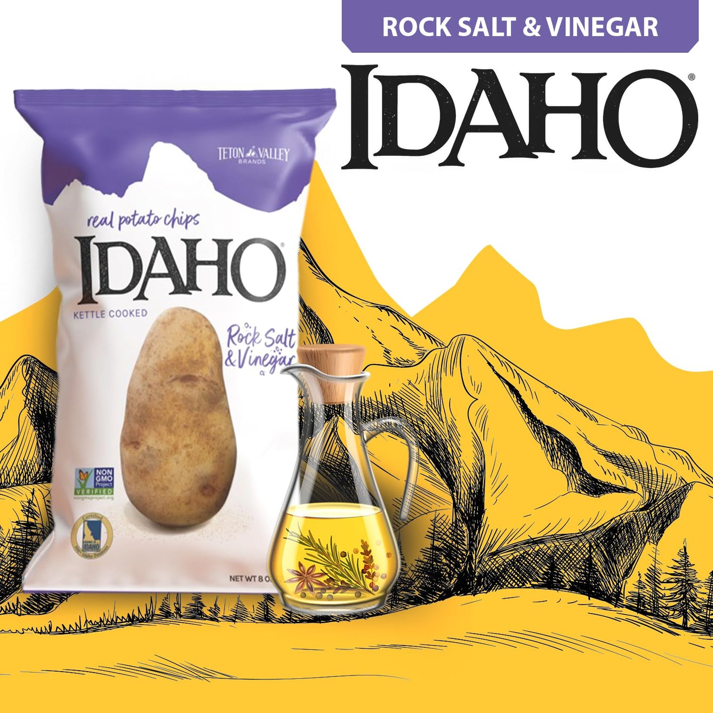 Teton Valley Brands Kettle Cooked Salt and Vinegar Potato Chips - Non-GMO - 7 Oz (12 Pack)